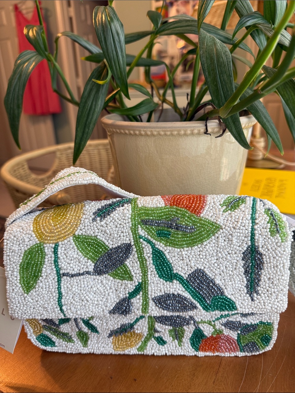 Lulu White Beaded Bag with Lemons, Oranges and Green  Leaves Accents